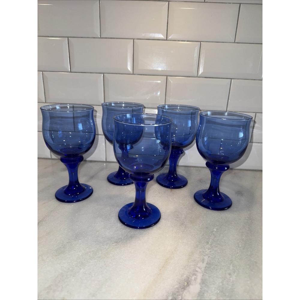 Retro Libbey Clarion Cobalt Blue Wine‎ Water Glasses Stemware Barware Set Of 5